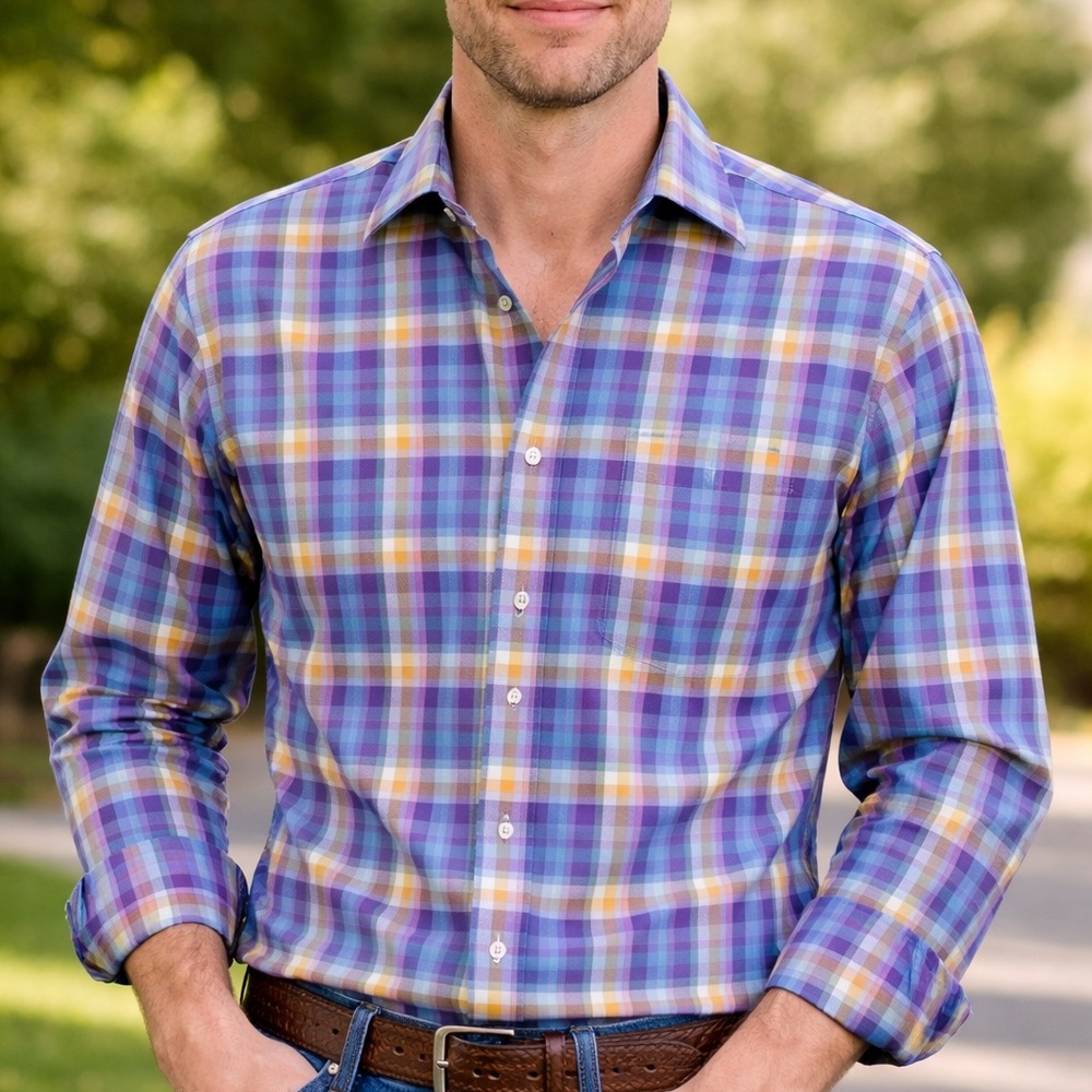 Robert Talbott Men’s Plaid Button Down Shirt Size L Blue Purple Yellow